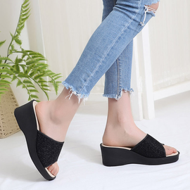 [GIRLS GOOB] Women's Comfortable Wedge Sandal Platform Slip-On Shoes, Synthetic Leather + Glitter - Made in KOREA